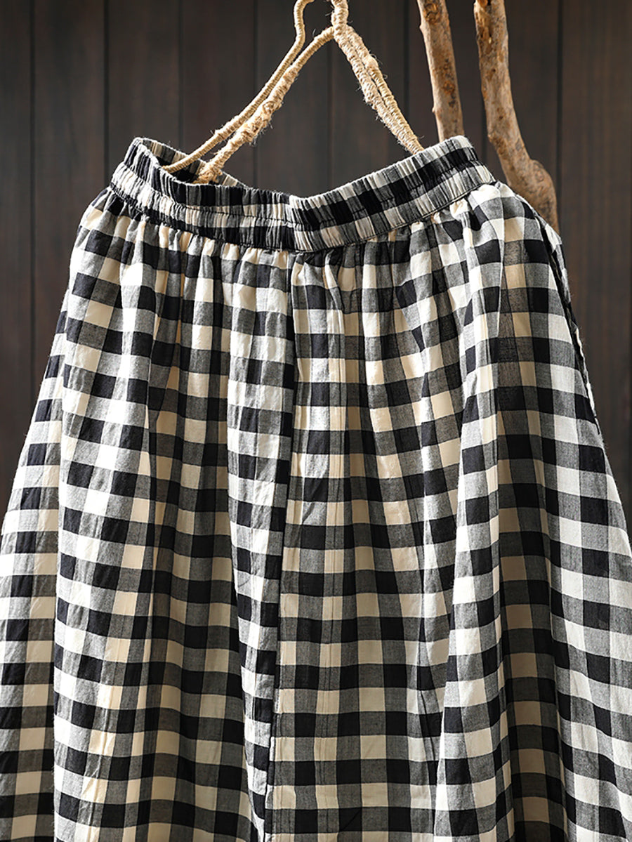 Women Spring Plaid Strap A-Shape 100%Cotton Skirt