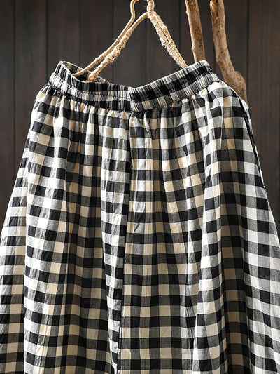 Women Spring Plaid Strap A-Shape 100%Cotton Skirt