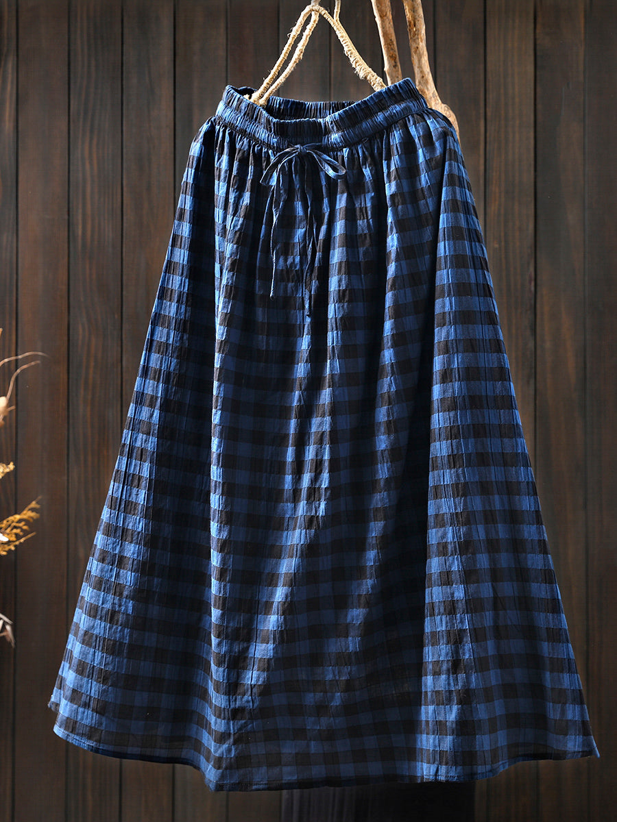 Women Spring Plaid Strap A-Shape 100%Cotton Skirt