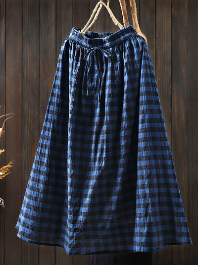 Women Spring Plaid Strap A-Shape 100%Cotton Skirt