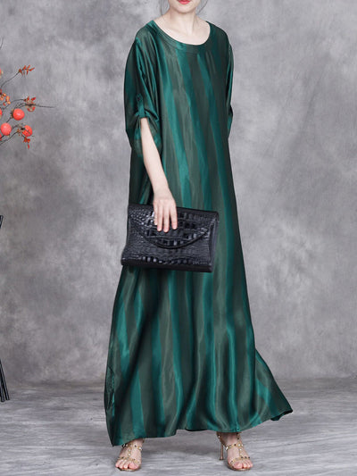 Women Summer Artsy Stripe O-Neck Silk Maxi Dress