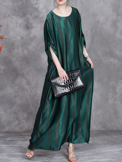 Women Summer Artsy Stripe O-Neck Silk Maxi Dress