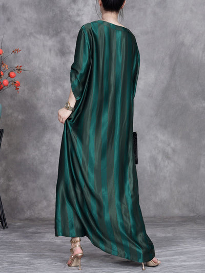 Women Summer Artsy Stripe O-Neck Silk Maxi Dress