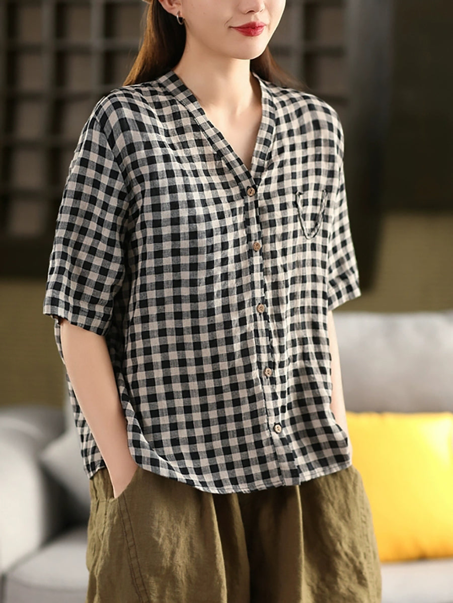 Plus Size Women Summer V-Neck Plaid 100%Linen Shirt