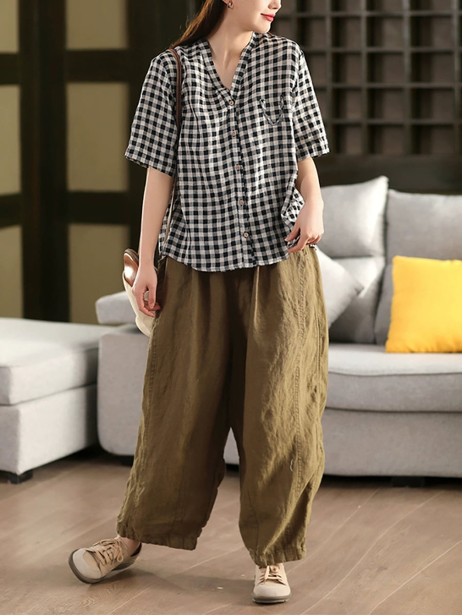 Plus Size Women Summer V-Neck Plaid 100%Linen Shirt