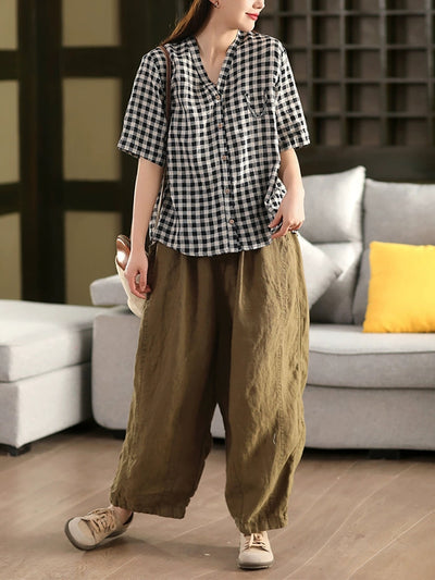 Plus Size Women Summer V-Neck Plaid 100%Linen Shirt