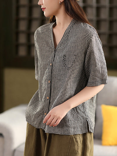 Plus Size Women Summer V-Neck Plaid 100%Linen Shirt
