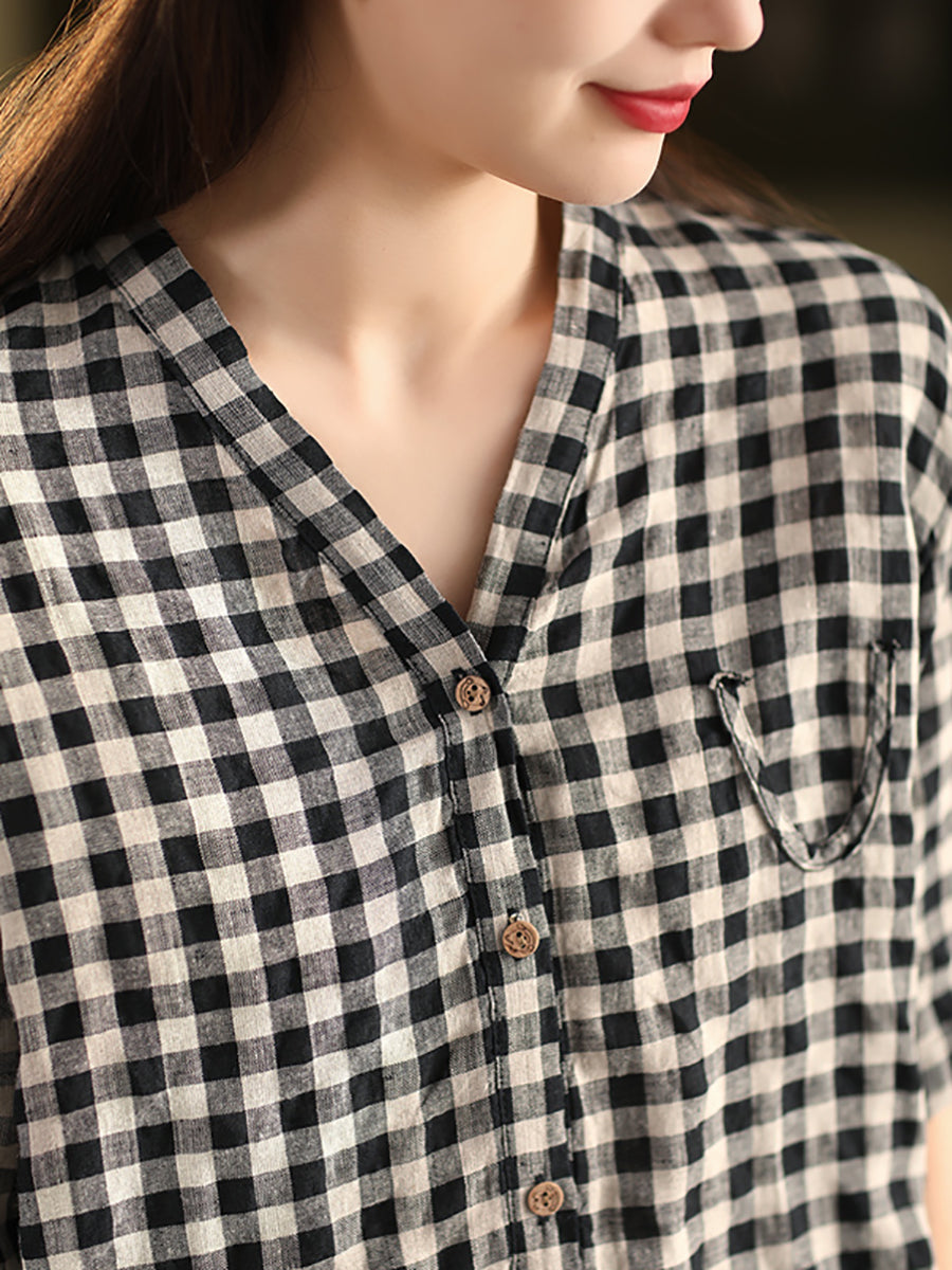 Plus Size Women Summer V-Neck Plaid 100%Linen Shirt
