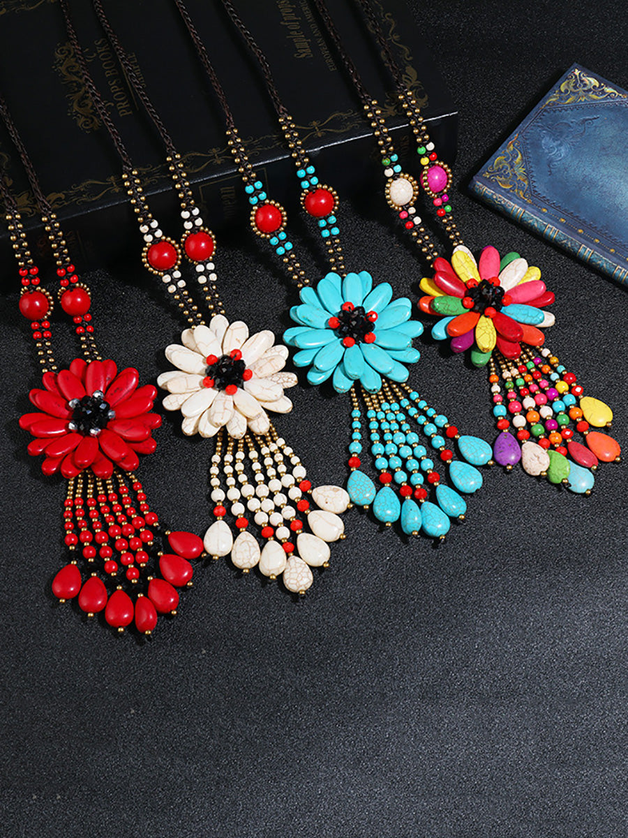 Women Ethnic Flower Turquoise Tassel Necklace