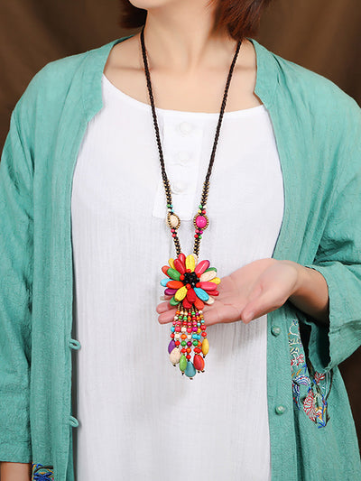 Women Ethnic Flower Turquoise Tassel Necklace