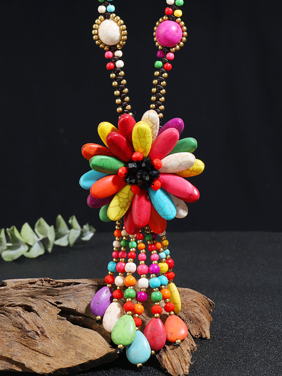 Women Ethnic Flower Turquoise Tassel Necklace