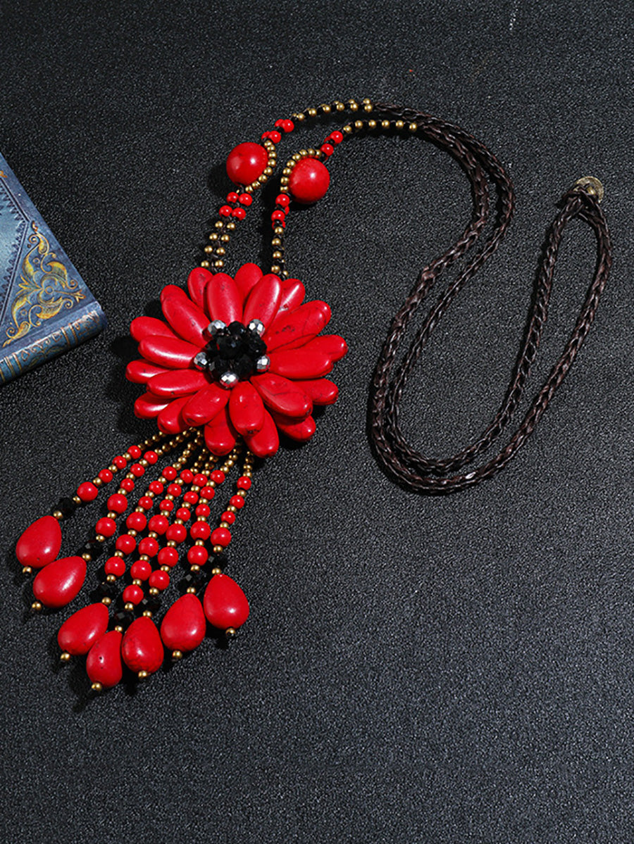 Women Ethnic Flower Turquoise Tassel Necklace