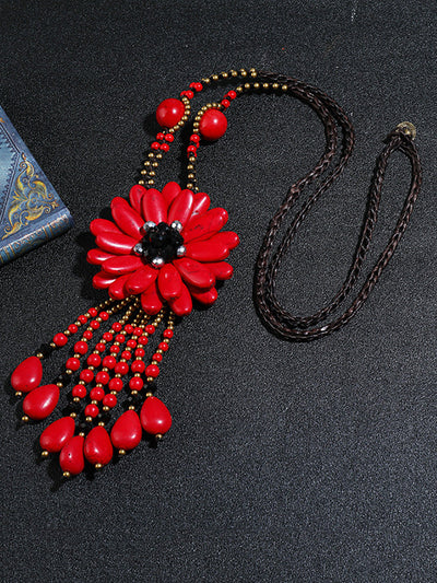Women Ethnic Flower Turquoise Tassel Necklace