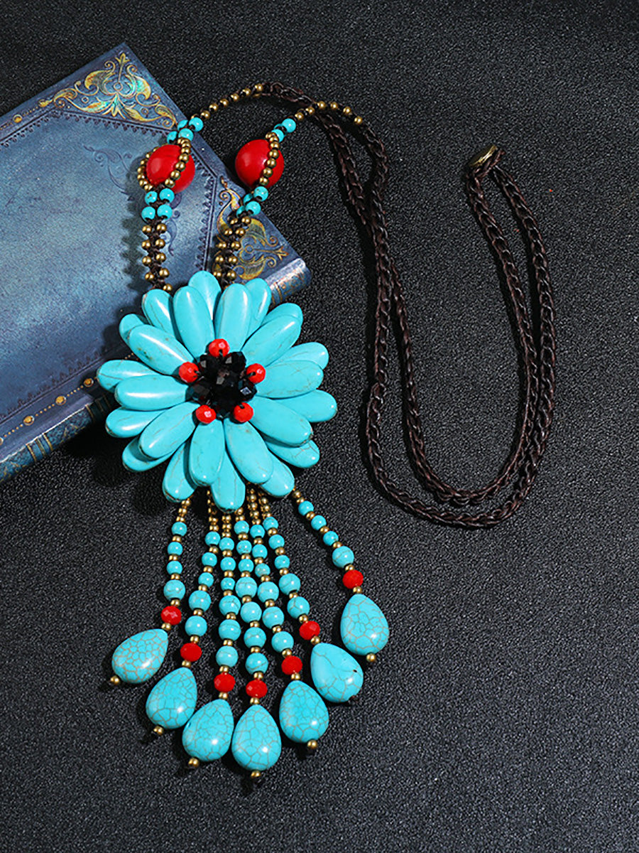 Women Ethnic Flower Turquoise Tassel Necklace