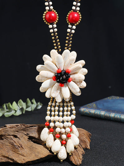 Women Ethnic Flower Turquoise Tassel Necklace
