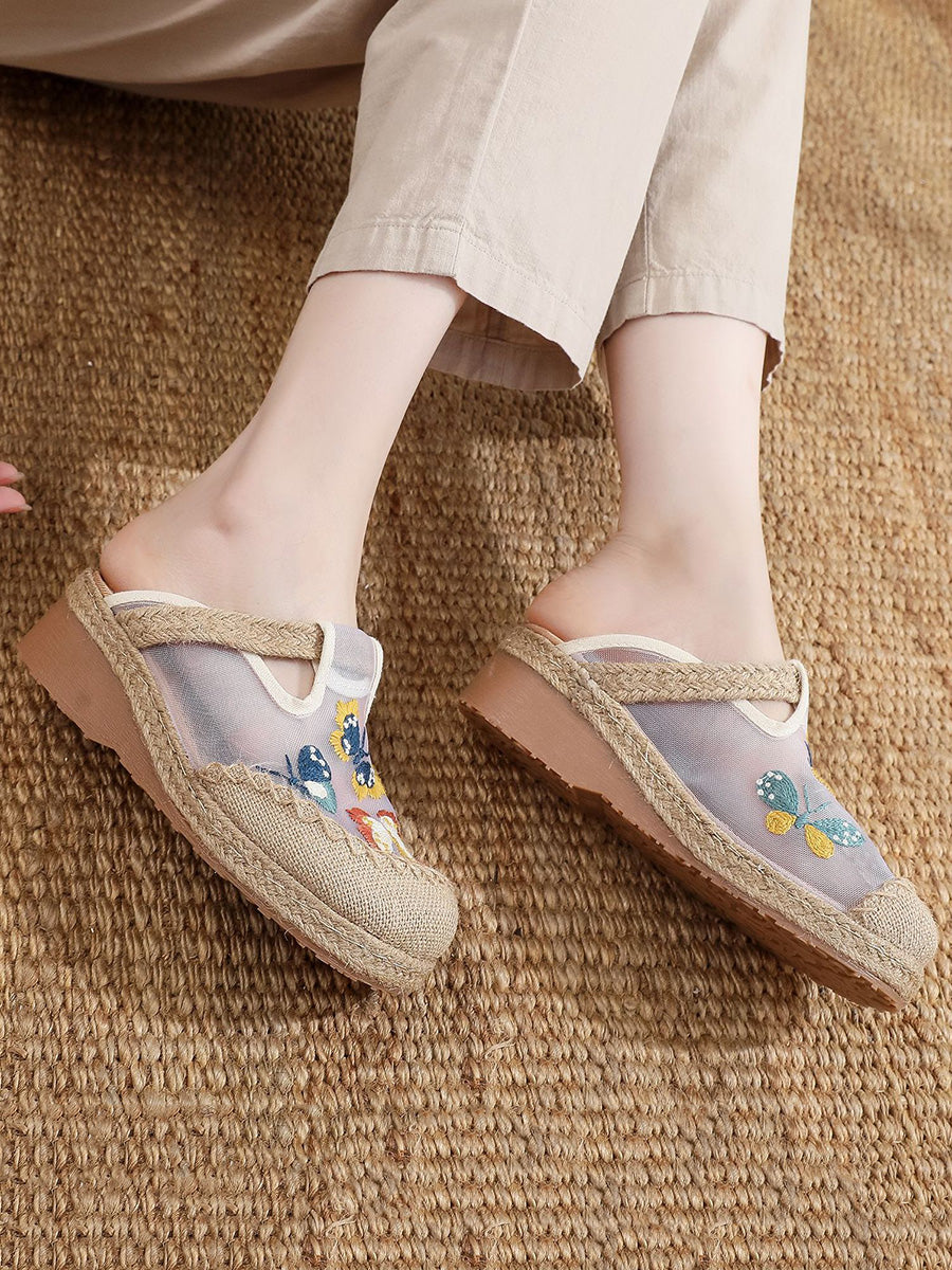 Women Summer Artsy Butterfly Embroidery Mid Heel Slippers
