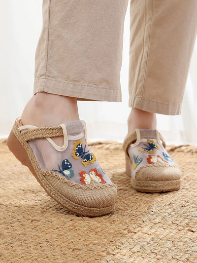Women Summer Artsy Butterfly Embroidery Mid Heel Slippers
