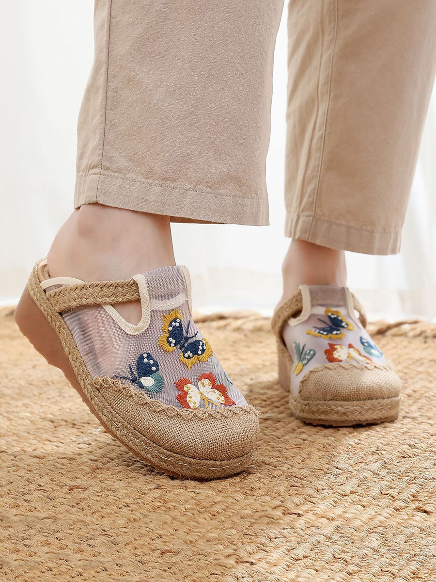 Women Summer Artsy Butterfly Embroidery Mid Heel Slippers