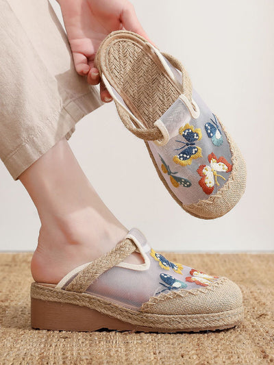 Women Summer Artsy Butterfly Embroidery Mid Heel Slippers
