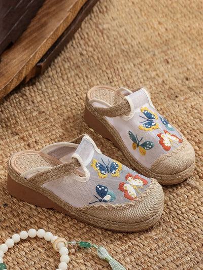 Women Summer Artsy Butterfly Embroidery Mid Heel Slippers