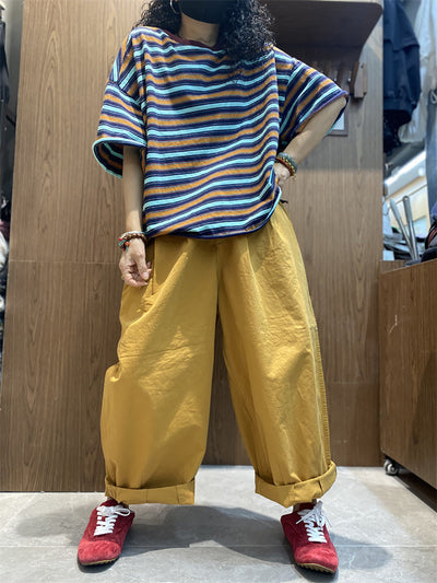 Plus Size Women Summer Casual Stripe O-Neck Cotton Shirt