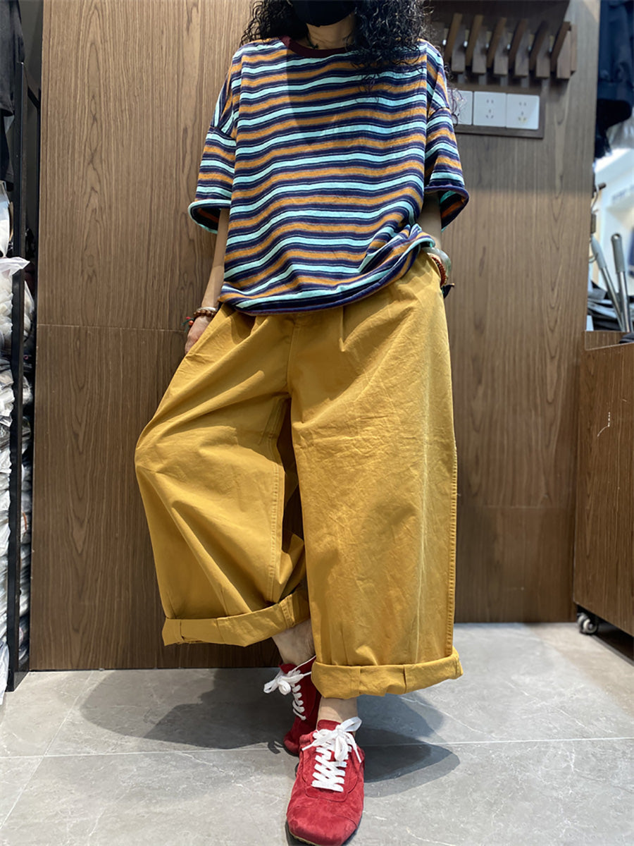 Plus Size Women Summer Casual Stripe O-Neck Cotton Shirt