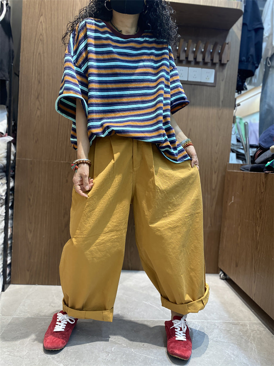 Plus Size Women Summer Casual Stripe O-Neck Cotton Shirt