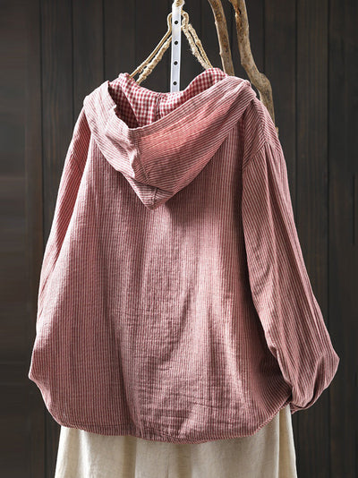 Plus Size Women Summer Vintage Stripe Hooded Cotton Linen Shirt