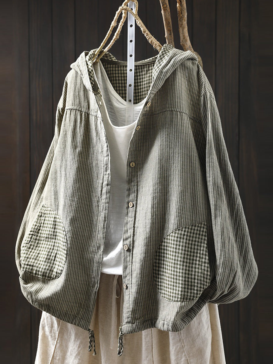 Plus Size Women Summer Vintage Stripe Hooded Cotton Linen Shirt