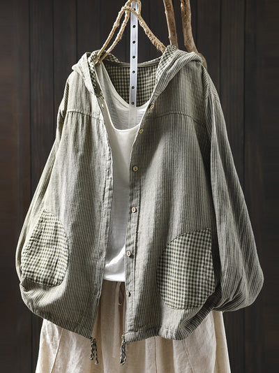 Plus Size Women Summer Vintage Stripe Hooded Cotton Linen Shirt
