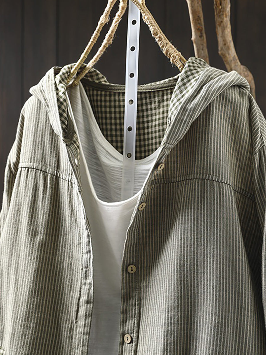 Plus Size Women Summer Vintage Stripe Hooded Cotton Linen Shirt