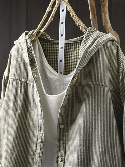 Plus Size Women Summer Vintage Stripe Hooded Cotton Linen Shirt