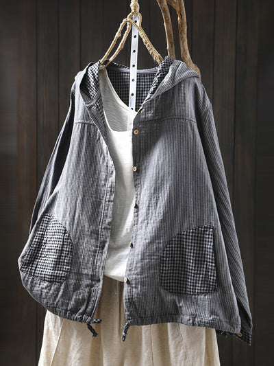 Plus Size Women Summer Vintage Stripe Hooded Cotton Linen Shirt
