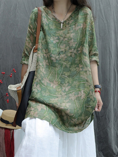 Plus Size Women Summer Artsy V-Neck Flower 100%Ramie Shirt