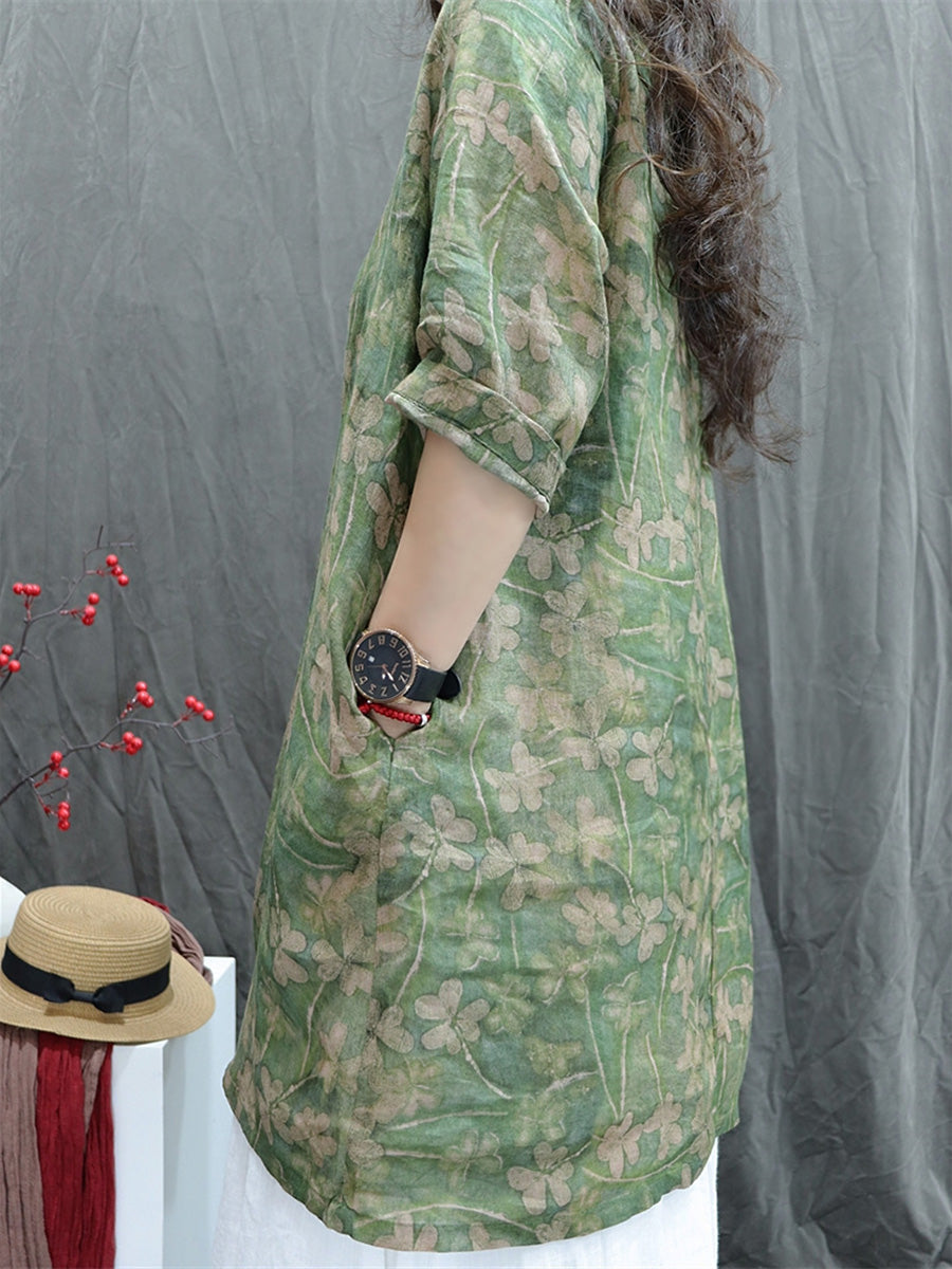 Plus Size Women Summer Artsy V-Neck Flower 100%Ramie Shirt