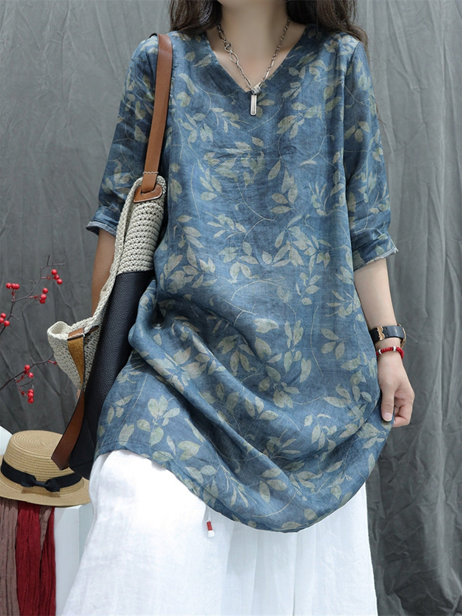 Plus Size Women Summer Artsy V-Neck Flower 100%Ramie Shirt