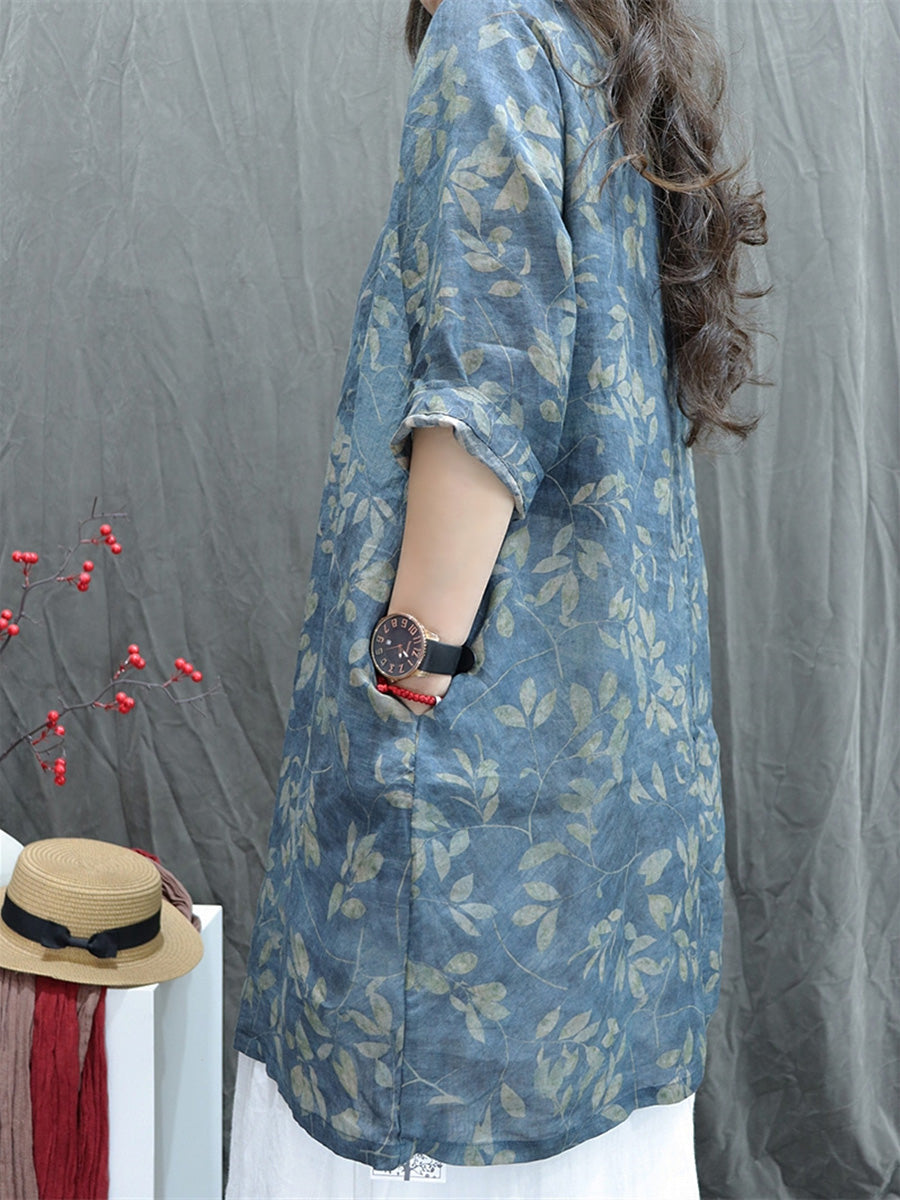 Plus Size Women Summer Artsy V-Neck Flower 100%Ramie Shirt