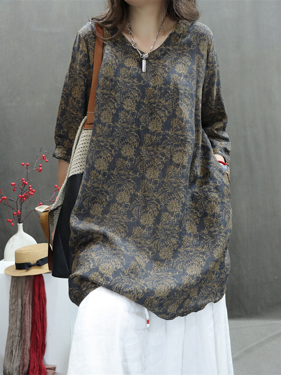 Plus Size Women Summer Artsy V-Neck Flower 100%Ramie Shirt