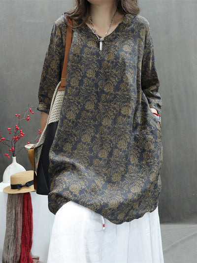 Plus Size Women Summer Artsy V-Neck Flower 100%Ramie Shirt