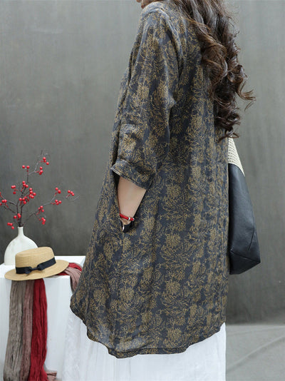 Plus Size Women Summer Artsy V-Neck Flower 100%Ramie Shirt