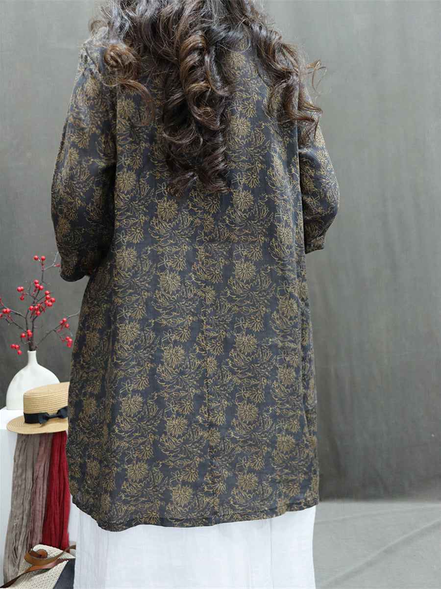 Plus Size Women Summer Artsy V-Neck Flower 100%Ramie Shirt