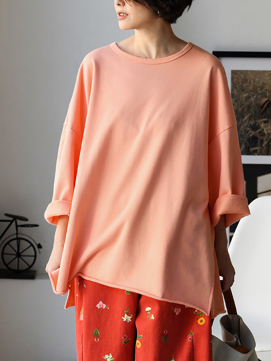 Plus Size Women Spring Casual Pure Color O-Neck Cotton Shirt