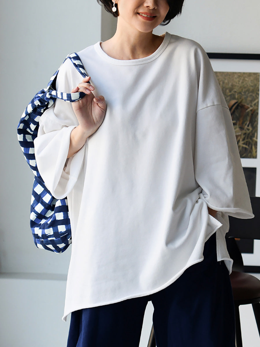 Plus Size Women Spring Casual Pure Color O-Neck Cotton Shirt