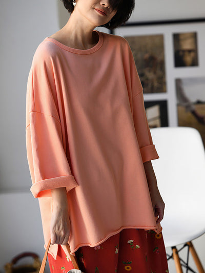 Plus Size Women Spring Casual Pure Color O-Neck Cotton Shirt