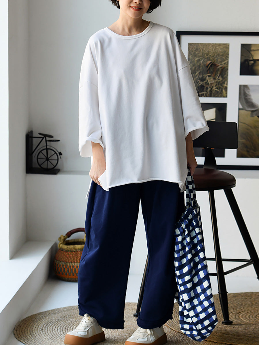 Plus Size Women Spring Casual Pure Color O-Neck Cotton Shirt