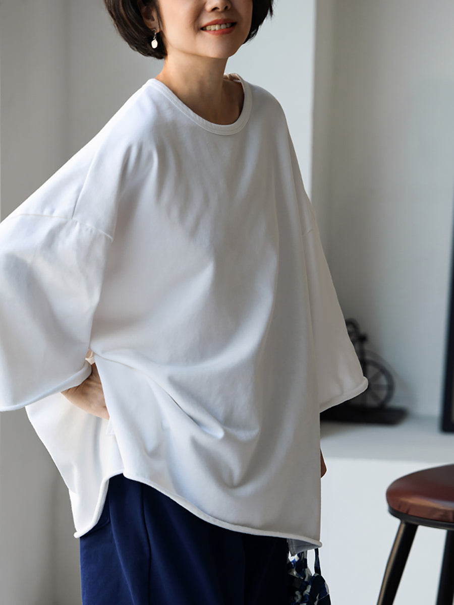 Plus Size Women Spring Casual Pure Color O-Neck Cotton Shirt