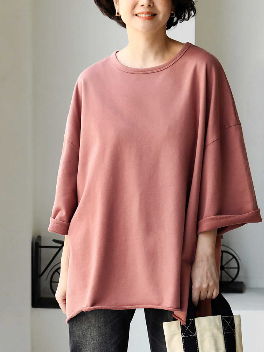 Plus Size Women Spring Casual Pure Color O-Neck Cotton Shirt