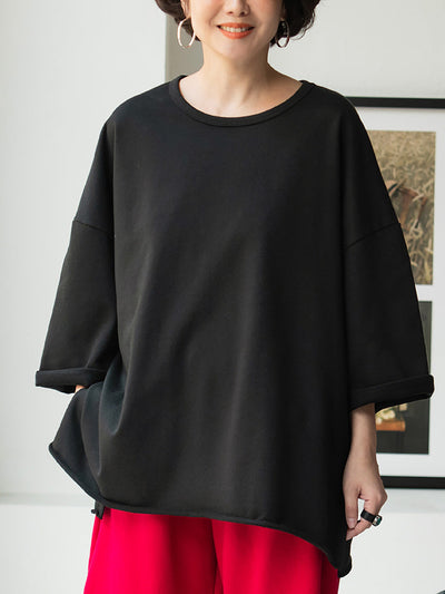 Plus Size Women Spring Casual Pure Color O-Neck Cotton Shirt