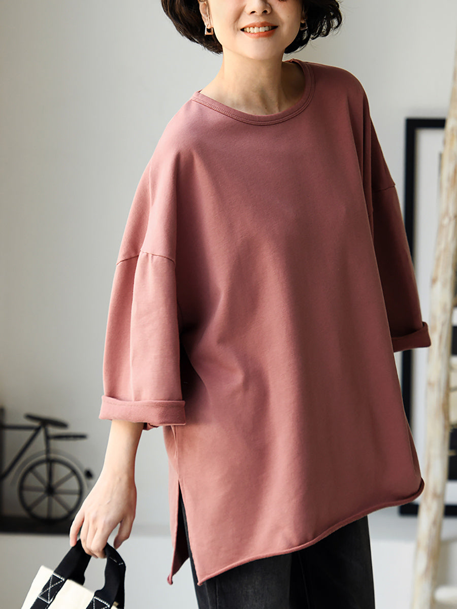 Plus Size Women Spring Casual Pure Color O-Neck Cotton Shirt