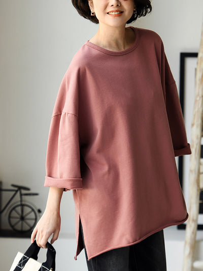 Plus Size Women Spring Casual Pure Color O-Neck Cotton Shirt